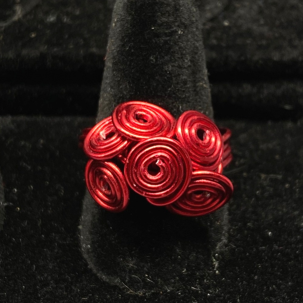 Handmade Red Wire Wrapped Rosette Spiral Statement Ring‎ Size 7.5 Boho Artisan